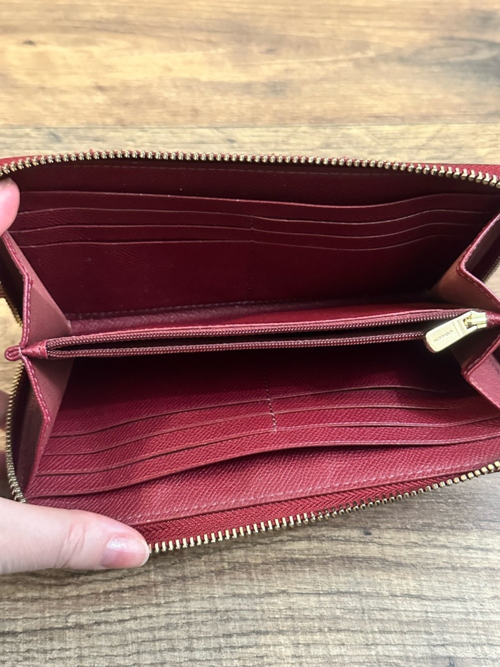 Coach Metallic Cherry Pebbled Leather Zip Around Wallet Gold Hardware - Picture 3 of 6